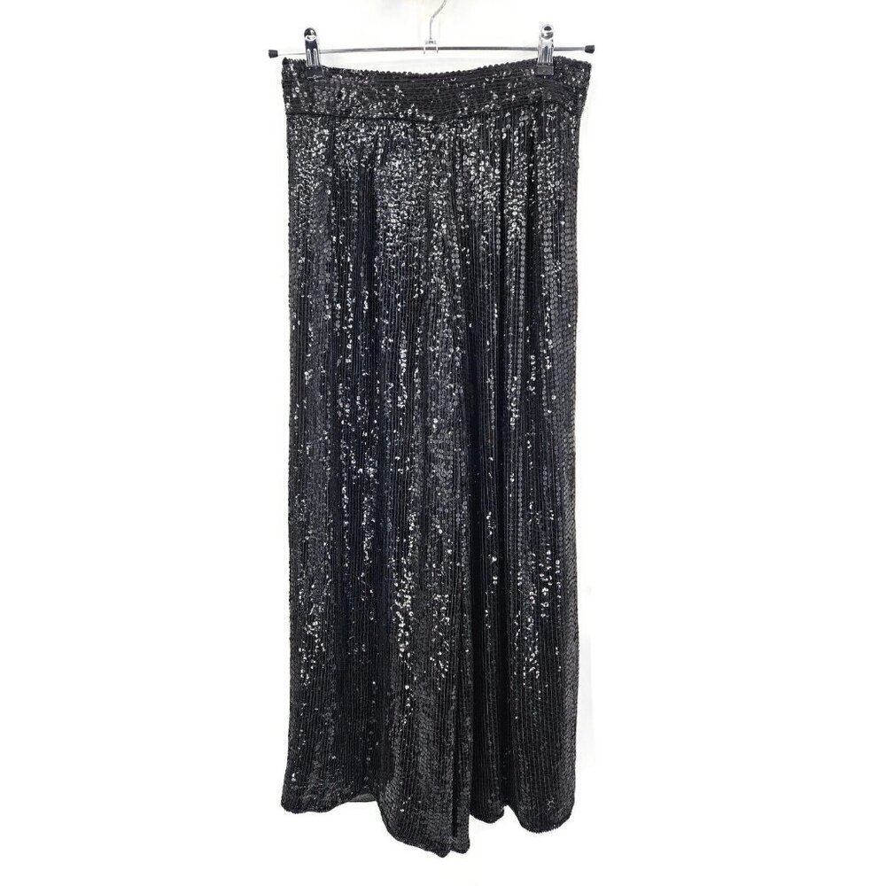 Vtg Scarlet Rage Black Sequins Palazzo Pants Womens L High Waist Wide Leg